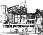 Konstruktion des Konzertsaales. Radierung von Wilhelm Nengelken aus der Festschrift der Bauleitung zur Einweihungsfeier des Musiksaales: "9 Bilder vom Werden des Baues" (1927)